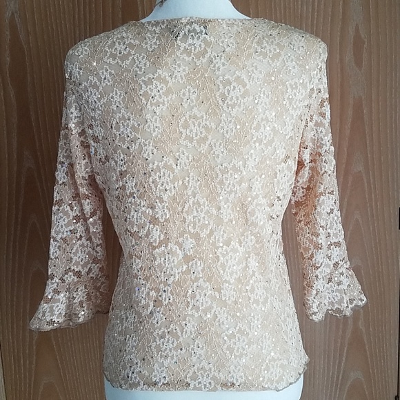 Y2K Whimsy Fairy Lace Top Bell Sleeve Sheer Floral Size S/M Sequin Sparkle Layer - Picture 5 of 12